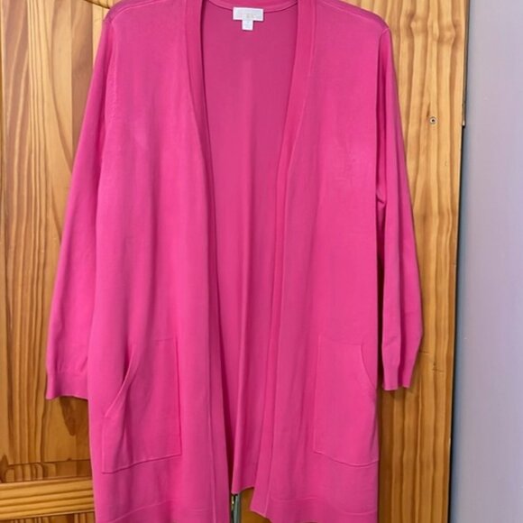 QVC KIM GRAVEL OPEN FRONT KNIT CARDIGAN BRIGHT PINK WOMENS 1X PLUS SIZE POCKETS - Picture 1 of 8